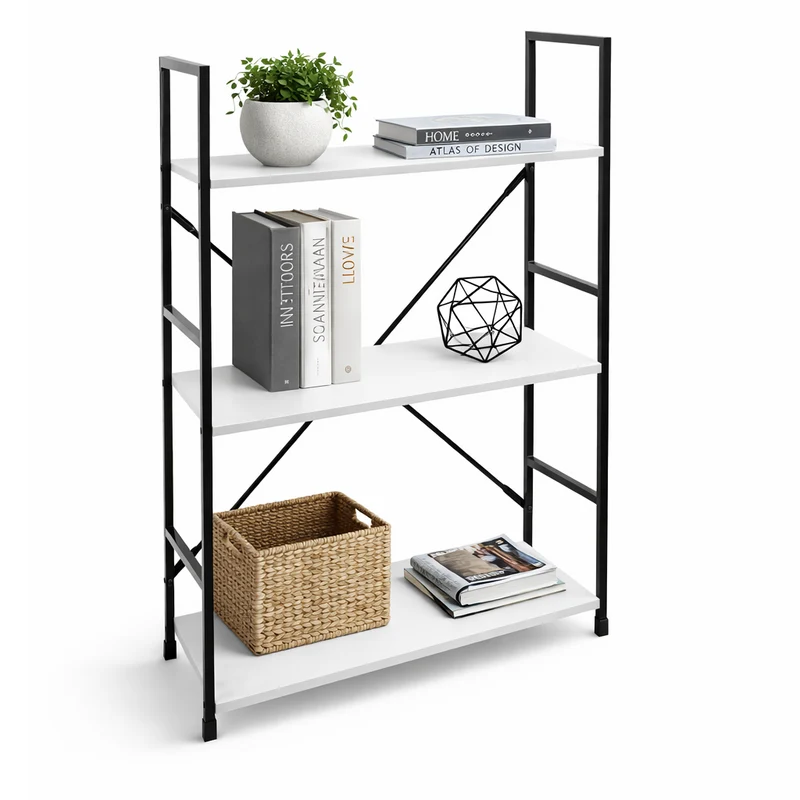 Mobile Scaffale Industrial 3 Ripiani Metallo Nero Legno Mdf Bianco 59x24 H80cm