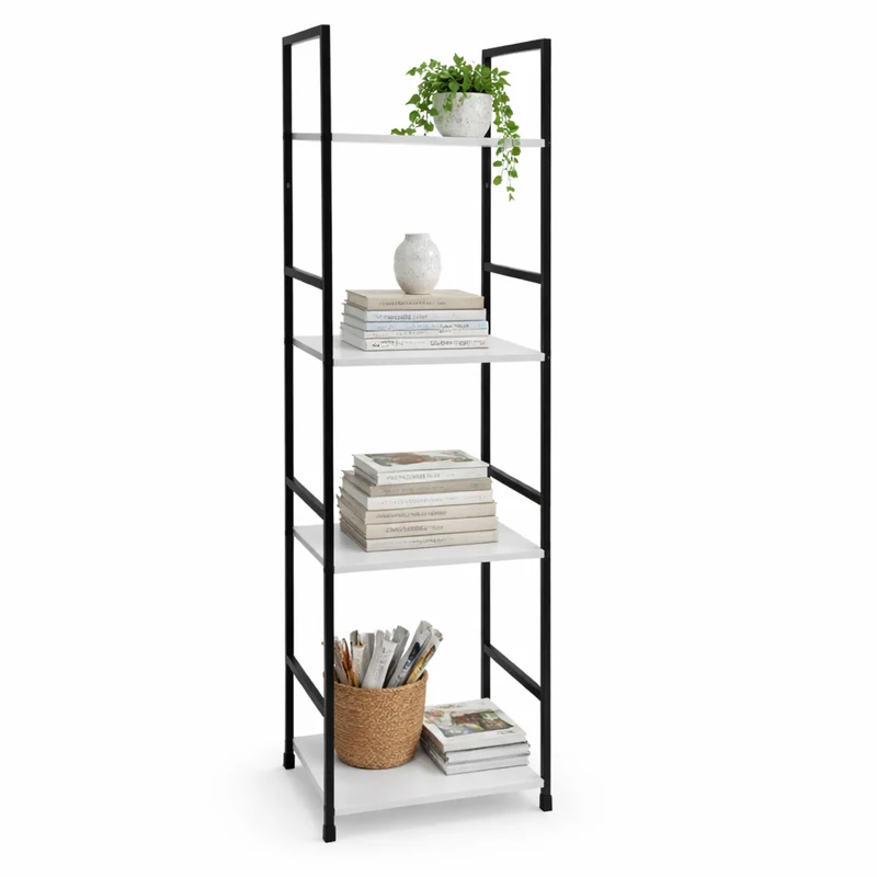 Mobile Scaffale Industrial 4 Ripiani Metallo Nero Legno Mdf Bianco 29x24 H112cm