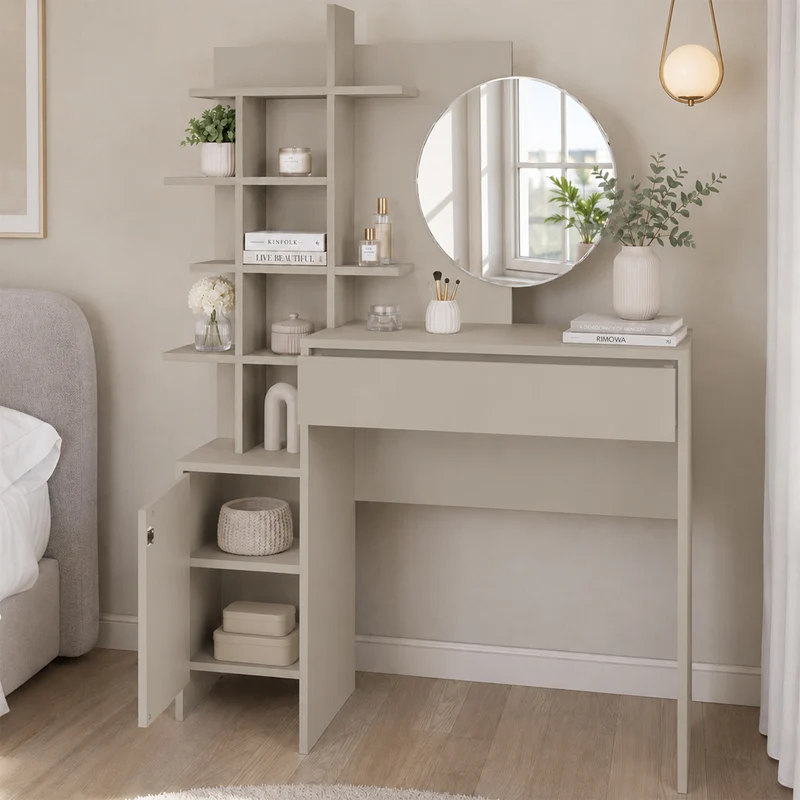 Postazione Make Up con Specchio Rotondo Sabbia Tolette con Mensole 105x35x151 cm