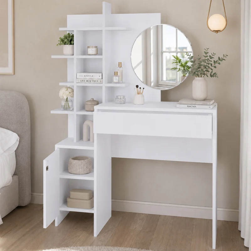 Postazione Make Up con Specchio Rotondo Bianco Tolette con Mensole 105x35x151 cm