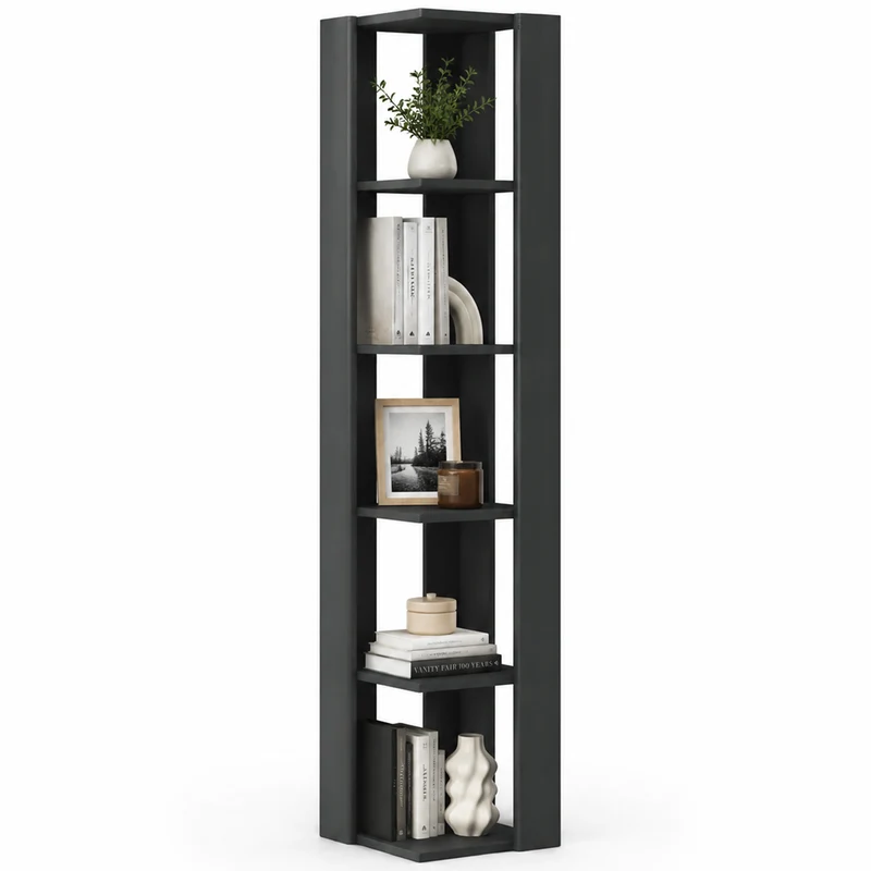 Libreria Angolare 5 Ripiani in Legno Antracite Scaffale Salvaspazio 34x34x161cm