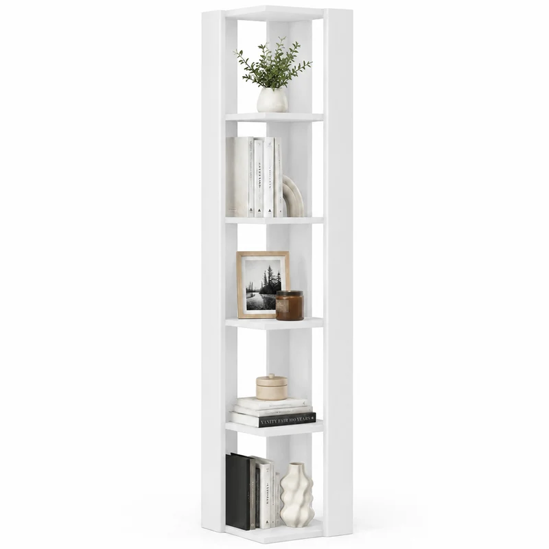Libreria Angolare 5 Ripiani in Legno Bianco Scaffale Salvaspazio 34x34x161cm