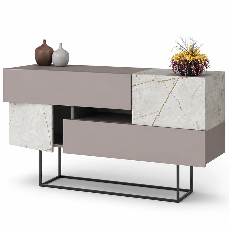 Madia Consolle Moderna 145 cm con 2 Ante 2 Cassetti Tortora e Marmo Bianco