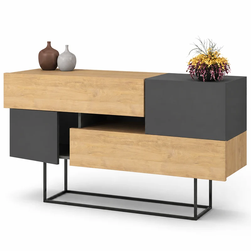 Madia Consolle Moderna 145 cm con 2 Ante 2 Cassetti Quercia e Antracite