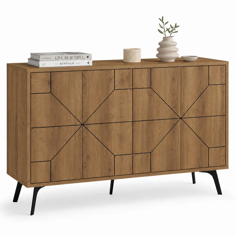 Madia con 4 Ante Credenza Design Geometrico Moderno in Legno 123x77 cm Rovere