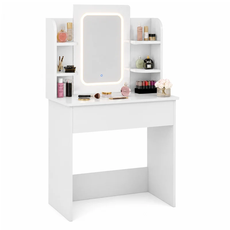Consolle Trucco con Specchio Led Mobile Makeup 85x40 H140 cm 1 Cassetto 4 Ripiani Luce Regolabile Usb Bianco