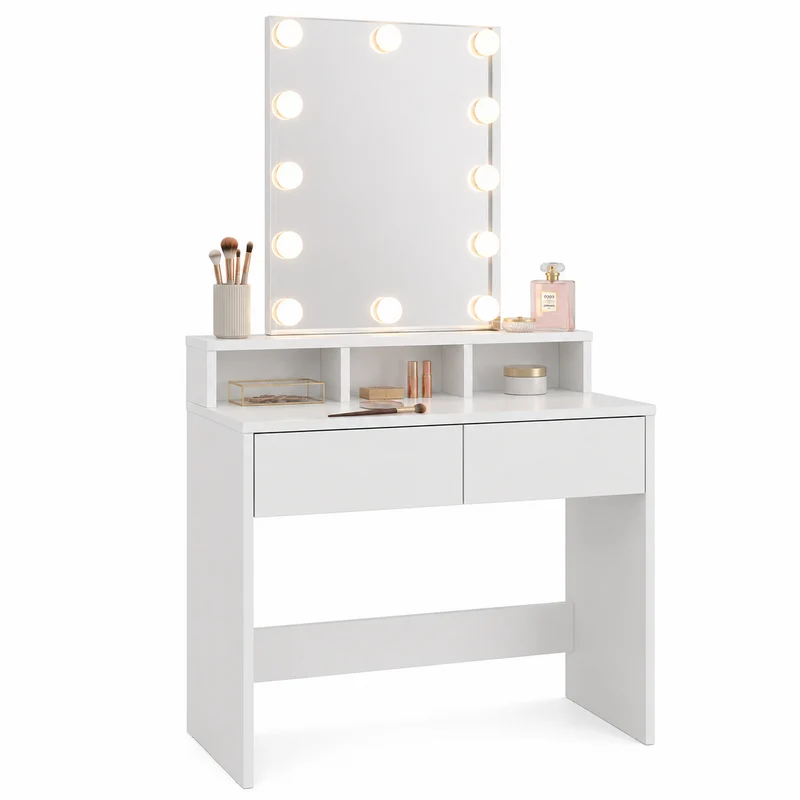 Consolle Trucco con Specchio Led 80x40 cm 2 Cassetti Luce Regolabile usb Bianca