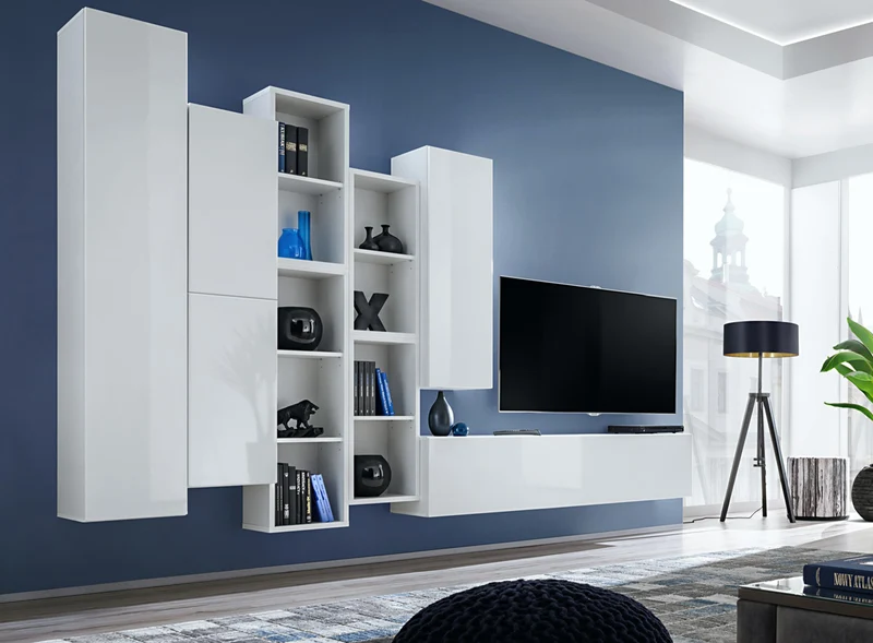 Nicla - Parete da soggiorno moderna con pensili sospesi e scaffali - vari colori