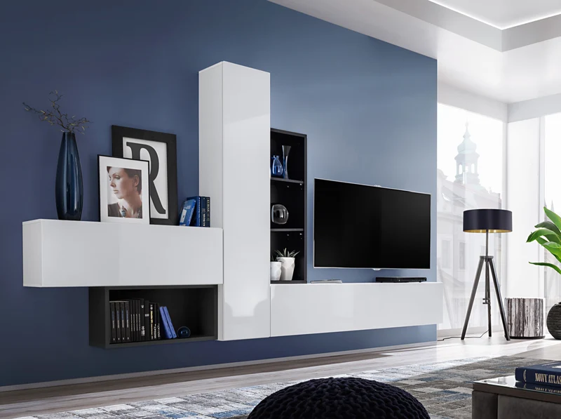 Potrec - Parete da soggiorno design moderno con pensile porta tv e libreria - vari colori