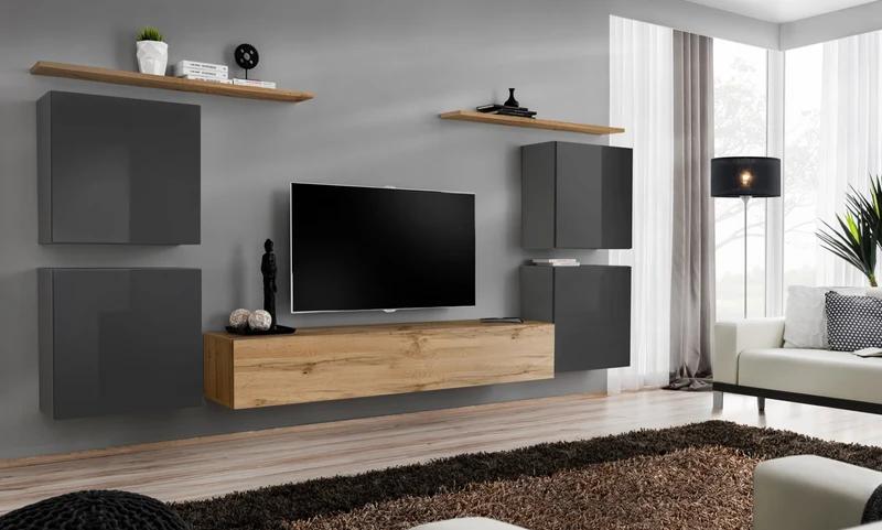 Beniamin - Parete attrezzata design sospesa con pensili e porta tv - vari colori