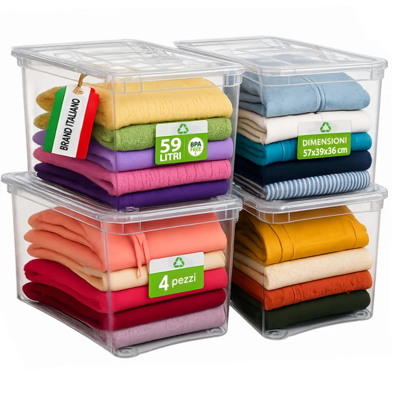 4 Pezzi Storage Box Marea Contenitori Trasparenti Plastica 59L x 4Pz 57x39x36 cm