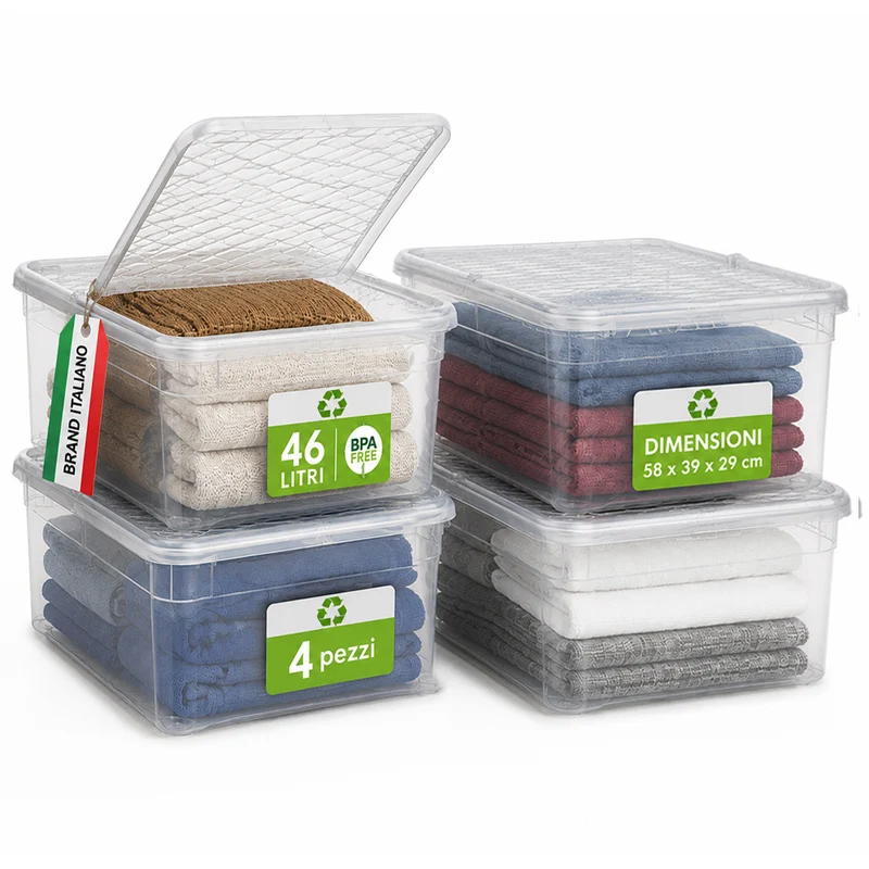 4 Pezzi Storage Box Marea Contenitori Trasparenti in Plastica 46Lx4Pz 57x39x29cm