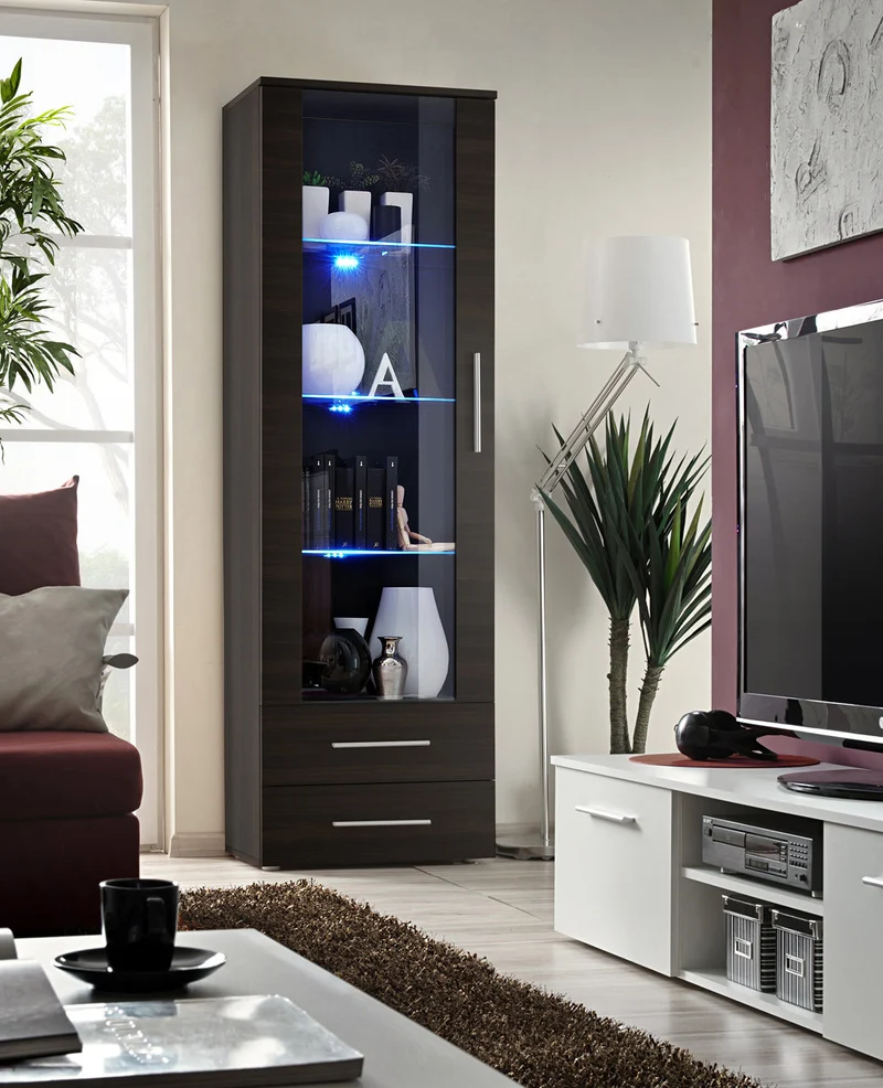 Vetrina alta moderna con luci a led rovere o wengè cm 60x40x190h - vari colori