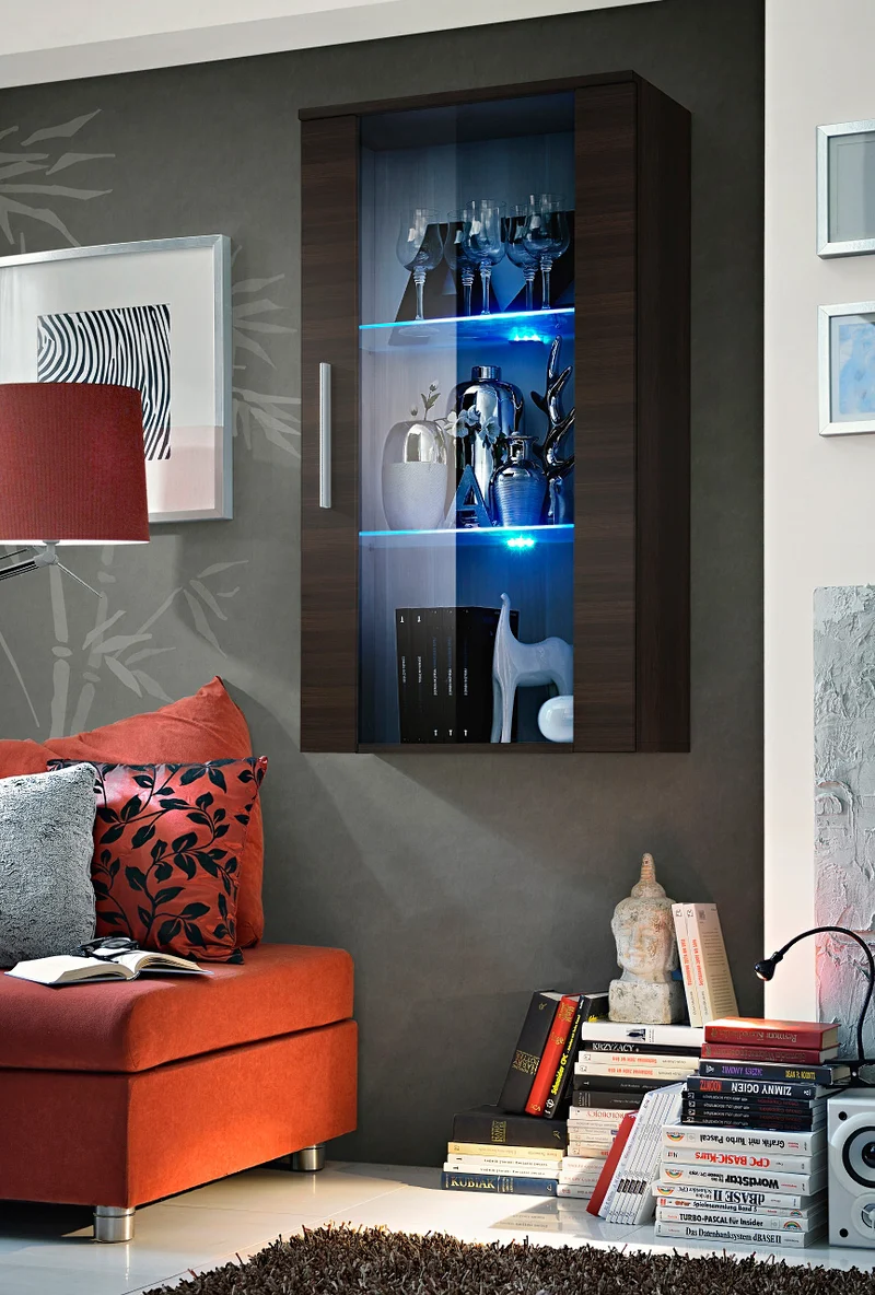 Pensile vetrina in legno wengè con luci a led cm 60x29x110h - vari colori