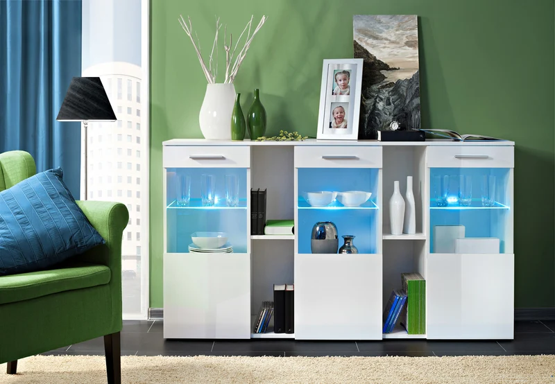 Madia credenza moderna con 3 ante vetrate e vani a giorno cm 160x40x92h - vari colori