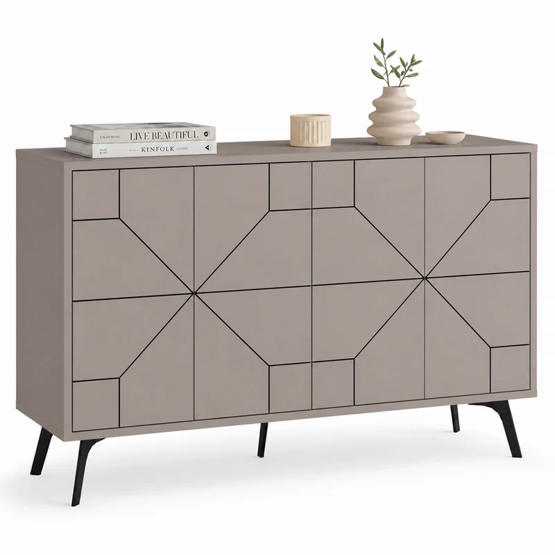 Madia con 4 Ante Credenza Design Geometrico Moderno in Legno 123x77 cm Tortora