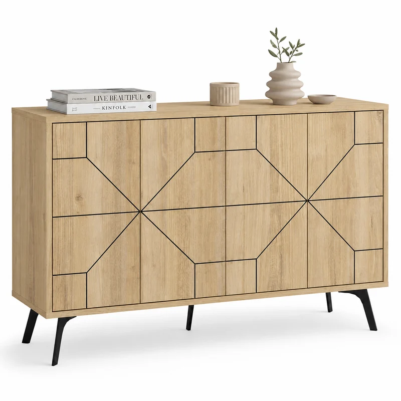Madia con 4 Ante Credenza Design Geometrico Moderno in Legno 123x77 cm Quercia