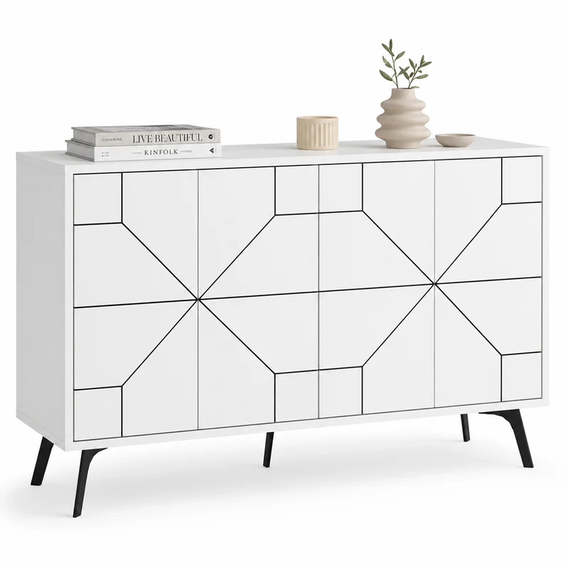 Madia con 4 Ante Credenza Design Geometrico Moderno in Legno 123x77 cm Bianco