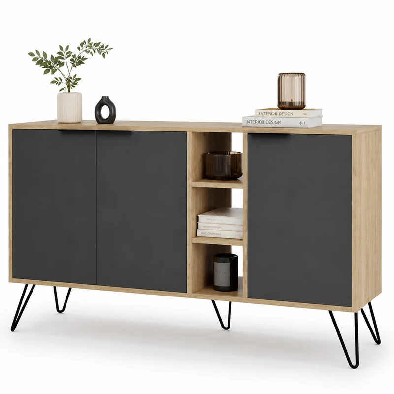 Madia Moderna Credenza con 3 Ante e Vani a Giorno 142x83 cm Rovere e Antracite