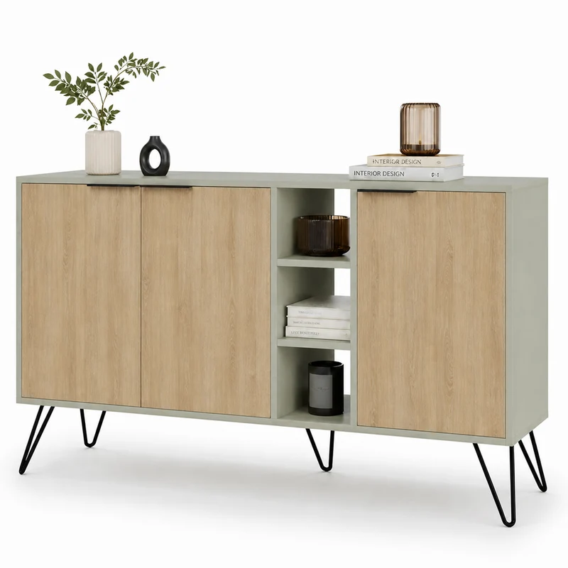Madia Moderna Credenza con 3 Ante e Vani a Giorno 142x83 cm Quercia e Verde