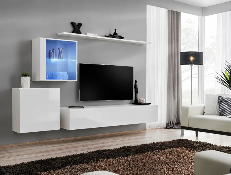 Gaia - Parete da soggiorno design con vetrina e luci a led - vari colori