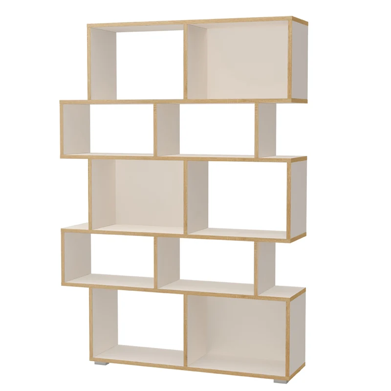 Libreria moderna asimmetrica in legno bianco e rovere con 10 vani cm 115x28x164h