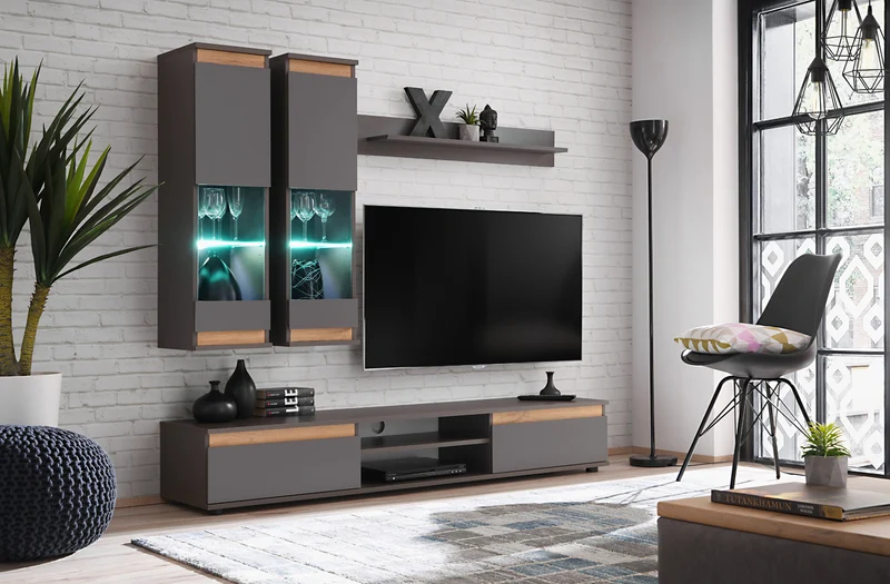Fiona - Parete attrezzata design moderno con vetrine e mobile tv antracite e quercia natura