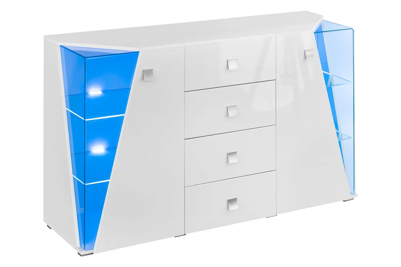 Igea - Madia con vetrinetta moderna con cassetti e ante bianco lucido e luci a led cm 150x45x100h