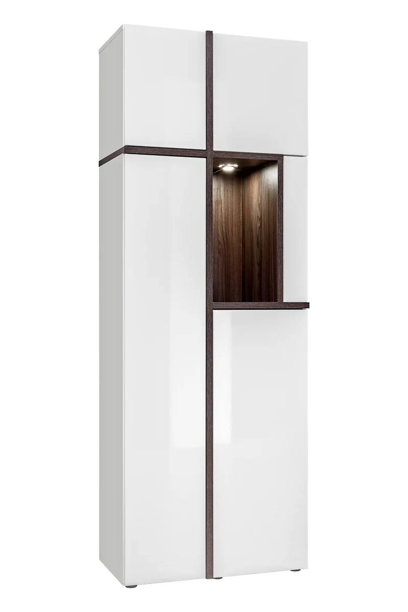 Adelaide - Credenza alta moderna con vano a giorno e 3 ante bianco lucido e wengè cm 70x40x197h