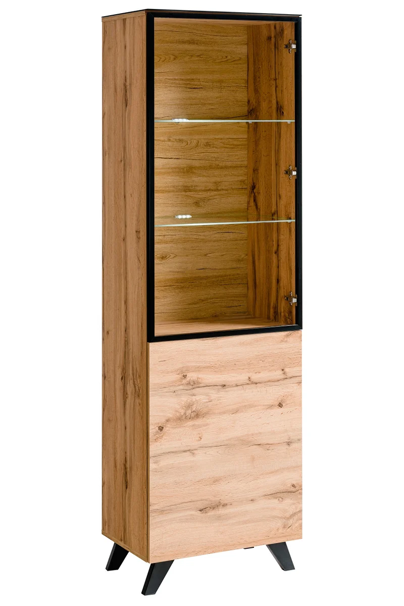 Vetrina alta due ante in legno naturale stile industriale con luci a led cm 60x40x197h