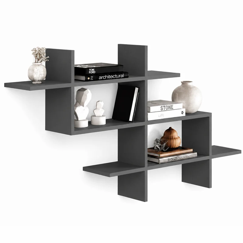Mensola Libreria 3 Ripiani Geometrica in Legno Salvaspazio 150x82x22cm Antracite