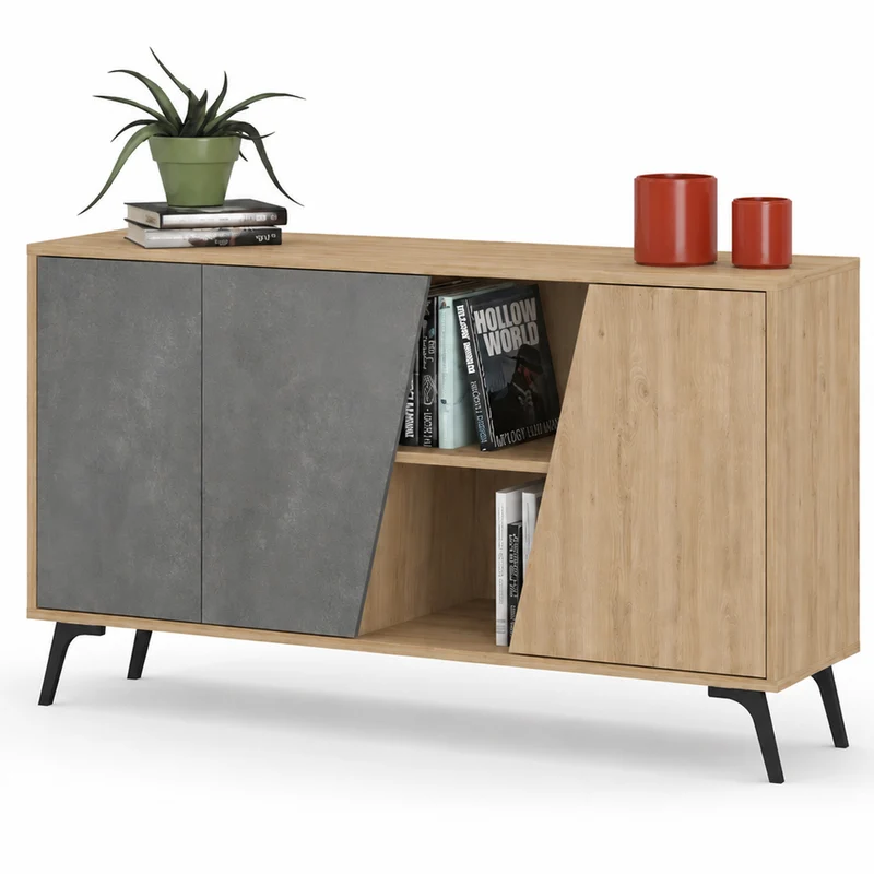 Madia Credenza Moderna 150 cm con 2 Ante 8 Vani e Ripiani Grigio e Quercia