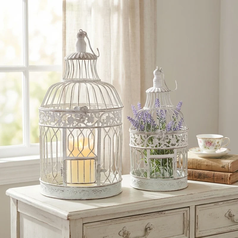 Set di Gabbie Decorative Claire in Acciaio Bianco Antico