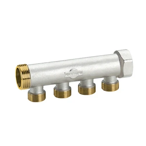 Collettore in ottone nichelato con derivazioni m 24x19 3/4 x 2 vie l. 85 mm