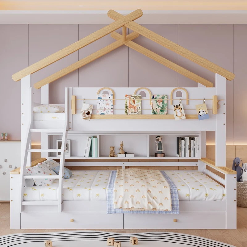 Letto a castello per bambini 90×200 e 120×200 cm in pino e MDF bianco e naturale, con 2 cassetti su ruote, scala inclinata e design a tetto
