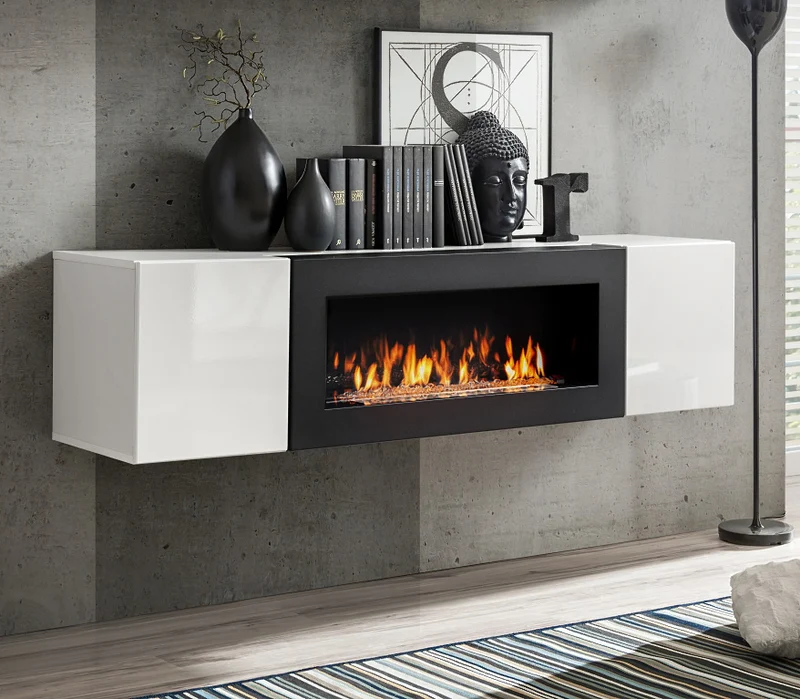 Mobile moderno biocamino sospeso con due ante cm 160x40x40h - vari colori
