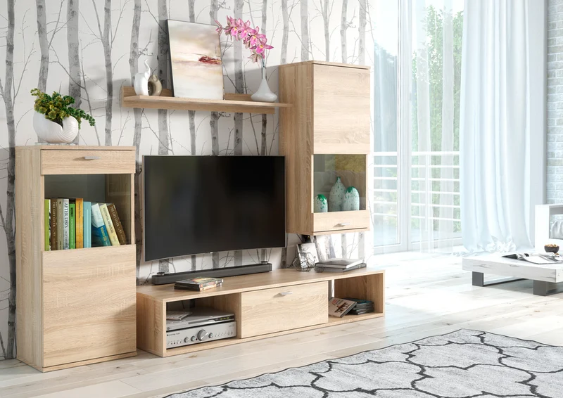 Kamala - Parete atttrezzata set mobili soggiorno in legno rovere