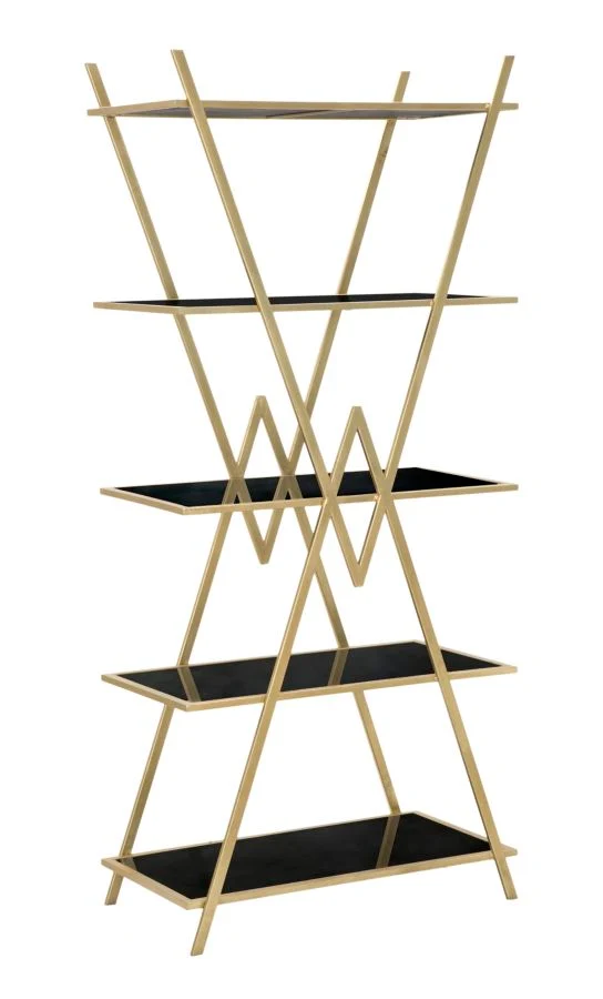 Libreria design con 5 ripiani in metallo dorato e vetro colore nero cm 80x44x180h