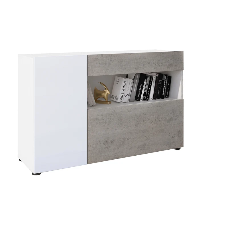 Mobile da soggiorno moderno con anta e cassetti in legno bianco e cemento cm 130x41x81h