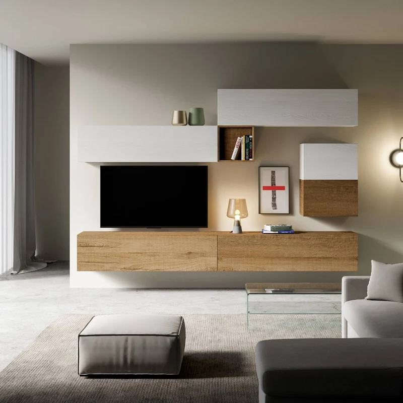 Ascanio - Parete design moderno per living in legno bianco e quercia
