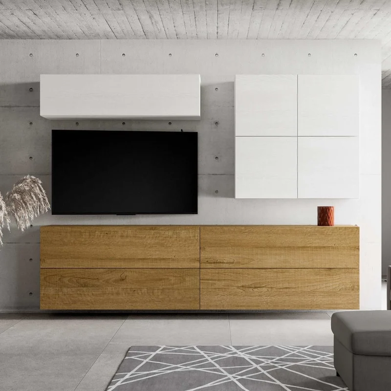 Crisantide - Parete componibile moderna in legno bianco e quercia