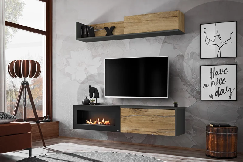 Gruben - Composizione living mobili sospesi con biocamino e mensola quercia e nero