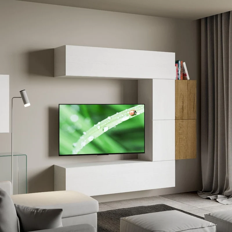 Fasma - Soggiorno parete moderna con pensili in legno quercia e bianco