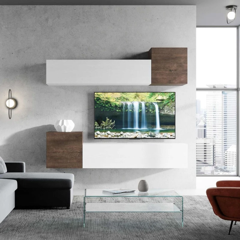 Luisiana - Parete zona giorno moderna sospesa in legno noce e bianco
