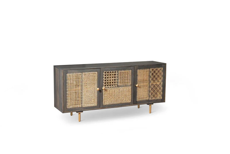 Madia in legno di mango stile etnico inserti in rattan cm 160x38x75h