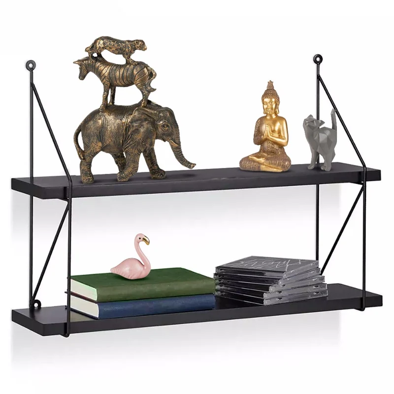 Libreria Mensole Scaffale Parete Design Moderna Legno Metallo 2 Ripiani Nero