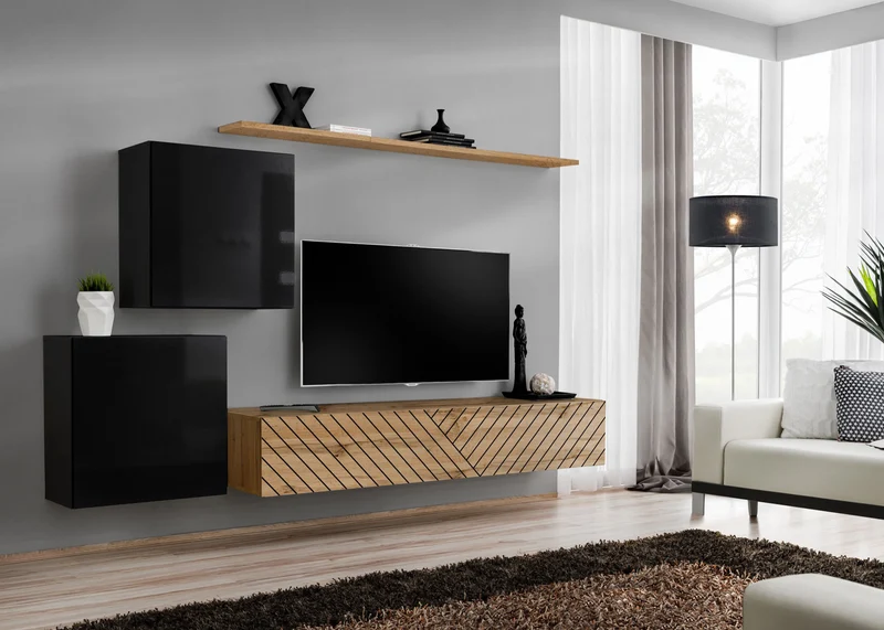 Haser - Parete living sospesa con pensile quercia con linee oblique e nero - vari colori