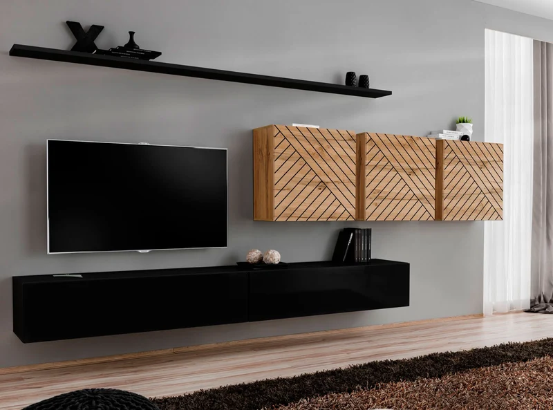 Kuady - Parete sospesa pensili nero e quercia fantasia geometrica con linee - vari colori