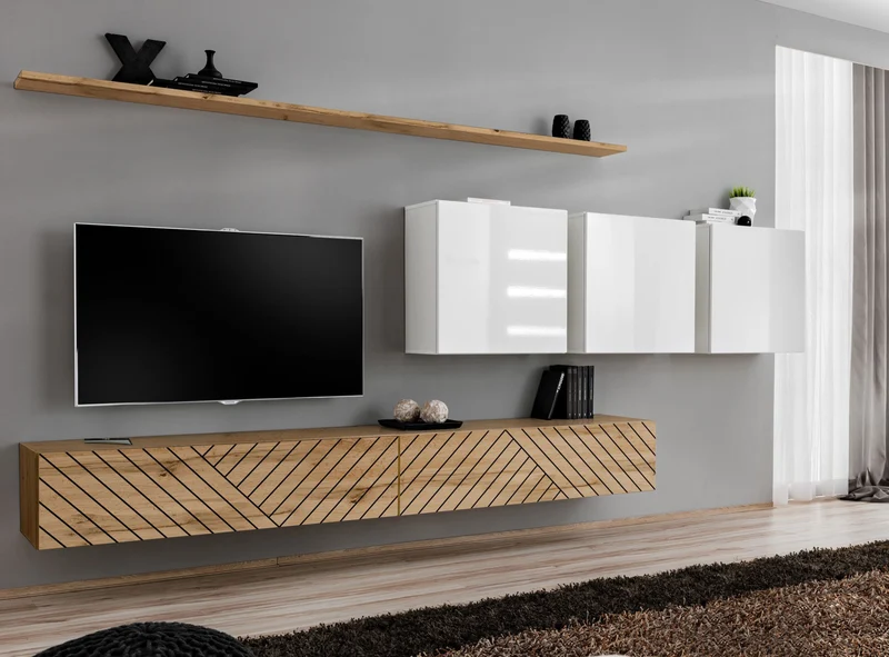 Saud - Parete attrezzata living bianco e quercia con linee oblique - vari colori