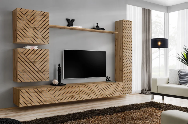 Lazy - Parete living composizione pensili in legno quercia con decorazione geometrica